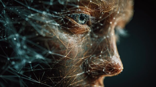 a digital rendering of a human face with a geometric wireframe overlay symbolizing the fusion of technology and humanity in a glowing and futuristic style