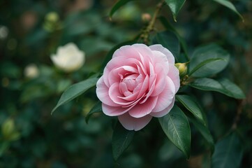 Early blooming pink camellia blossom on a garden bush