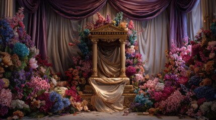 a regal altar draped in silk and surrounded by colorful blooms