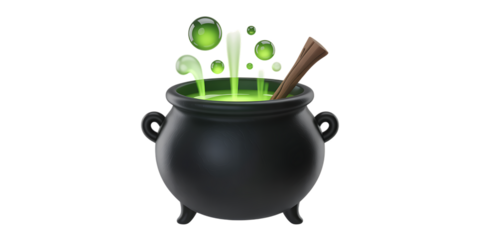 Bubbling witch's cauldron with glowing green potion and wooden stirring stick for Halloween