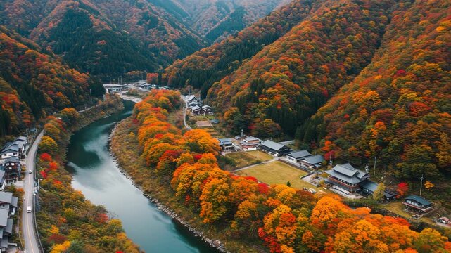 Aerial view of a small village nestled in a valley during the autumn season
