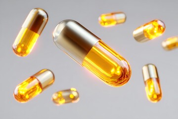 Floating capsules with bright golden liquid, perfect for medical, healthcare, or wellness concepts, representing health, vitality, and supplements