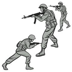 Three soldiers in tactical gear advancing with rifles in a dynamic military formation illustration