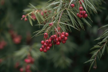 Obraz premium Red fruits on the Nandina plant against a natural backdrop