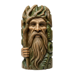 木彫りの老人の像のクローズアップ 透明な背景に切り抜かれた顔と茶色と緑色 色と精巧なディテール 手作り芸術