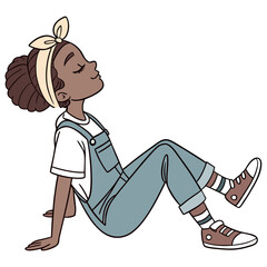 Young black girl wearing denim overalls and a headband enjoys a moment of peaceful relaxation outdoors