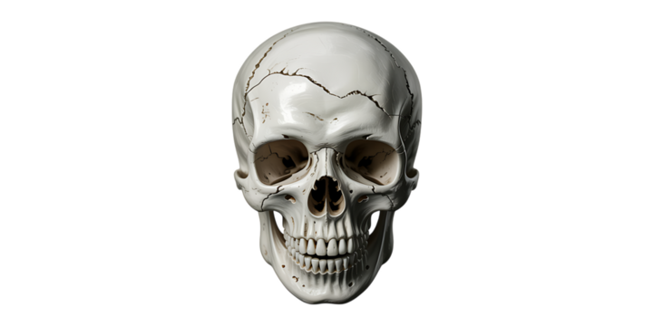 Detailed human skull with intricate cracks and weathered texture, perfect for medical or artistic concepts