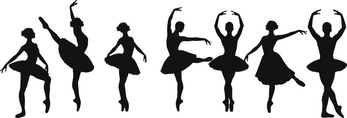 Ballet dancer silhouettes, classical dance poses, elegant ballerinas in tutu, pirouette and arabesque positions, graceful movement, vector illustration for stock content © Farzana