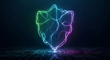 Abstract glowing shield made of digital particles representing cybersecurity and data protection concept