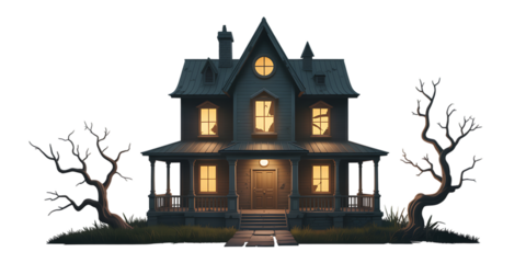 Spooky haunted house with glowing windows and bare trees evokes Halloween fear and mystery