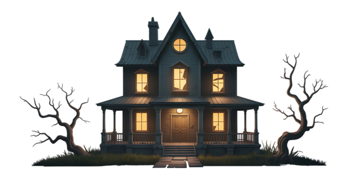 Spooky haunted house with glowing windows and bare trees evokes Halloween fear and mystery