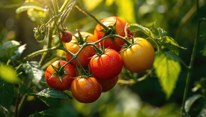 Homegrown tomatoes maturing gradually outdoors