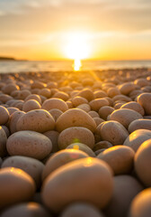 Obraz premium Coastal serenity: A tranquil pebble beach bathed in the warm glow of the setting sun creating a peaceful and