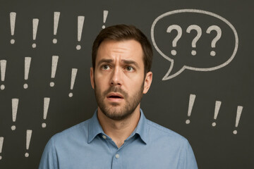 A man in a blue shirt stands before a chalkboard filled with exclamation marks. A speech bubble with question marks indicates his confusion.AI generated.