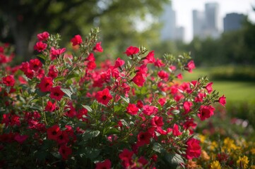 Fototapeta premium Small red flowers of petunia blossoming in urban garden beds