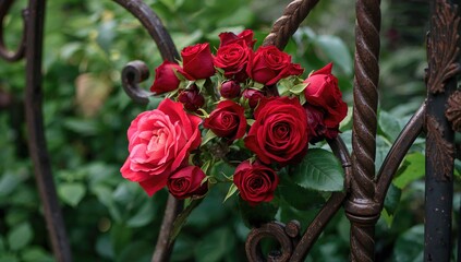 Crimson blossoms adorning the ornate entrance