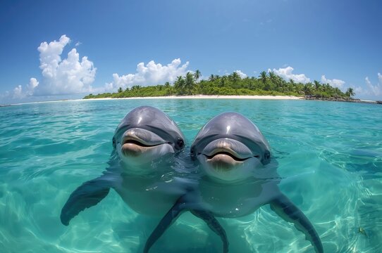 Two Playful Dolphins Swimming in Crystal Clear Ocean