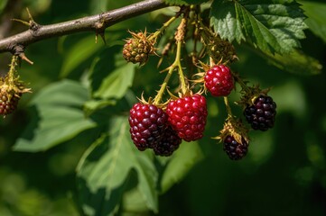Scarlet-colored blackberries hanging on branches