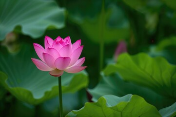 Obraz premium Beautiful pink lotus blooming on water with green leaves in summer garden