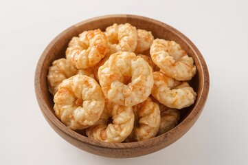 Fototapeta premium Wooden Bowl Filled with Prawn Crackers on a Light Background