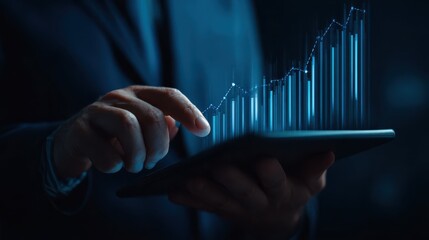 photo of businessman analyzing financial growth chart with rising arrow and wind turbine representing sustainable business development and green energy investment