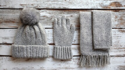warm grey woolen knitwear socks gloves pom hat and scarf on white rustic wood back