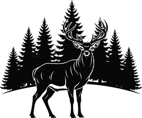 Deer silhouette, forest background, pine trees, wildlife vector, antlers illustration, nature scene, outdoor design, black and white animal art