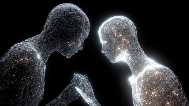 hologram representation of agentic autonomy in a futuristic dialogue between two digital figures conveys exploration of identity and humanlike interaction