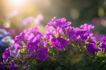 Sunlit purple petunias in full bloom