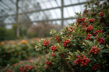 Scarlet berries clustered on lush green foliage inside a glasshouse