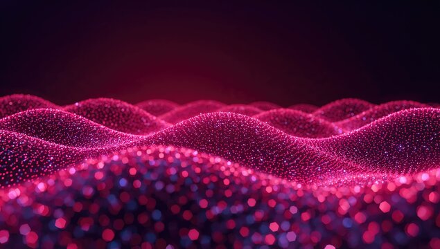 Vertical clip featuring a luminous red, pink, purple, and blue digital terrain composed of cube particles. Themes include cryptocurrency, big data, blockchain, and digital technology. 3D
