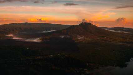 Batur vulcan Bali sunset view with fog