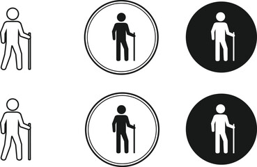   symbols, simple stick figure vector illustrationElderly person with cane icons set, senior people healthcare and accessibility symbols, simple stick figure vector illustration