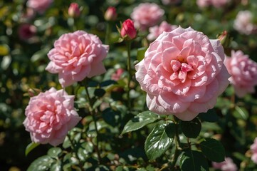 Pink roses flourish in the garden, showcasing vibrant blooms with red-tipped petals and lush green foliage.