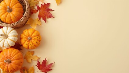 Autumn leaves and pumpkins displayed on a bright surface with room for writing