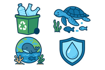 Ocean conservation icon set. Recycling plastic waste, marine life protection, and water saving concepts. Vector cartoon illustrations of sea turtle, whale, earth, and recycle bin.