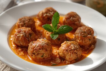 Chicken meatballs with pumpkin and mint served on a white plate