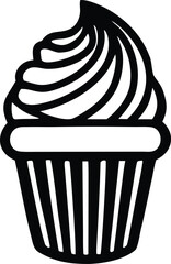 Simple black and white outline of a delicious cupcake with swirled frosting ready for decoration or design projects