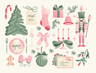 Set of Christmas tree, nutcracker, candle, gift, champagne, bow, plate with cutlery, letter to Santa and gift tag. Flat vector illustration isolated. Winter holiday and Christmas celebration concept