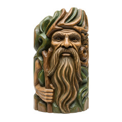 木彫りの老人の顔の像正面からのクローズアップ 茶色と緑色の装飾が施された木製の彫刻