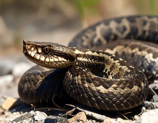 Fototapeta premium Venomous snake coiled on rocky ground
