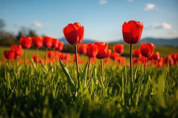 Obraz premium Vibrant Red Tulips Blossom Under the Afternoon Sun
