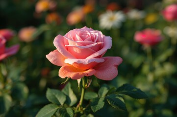 Garden with a single pink rose bloom