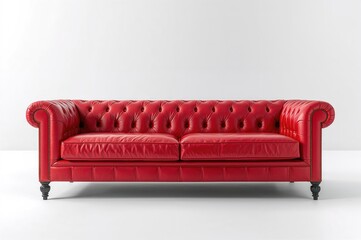 Crimson leather couch against a plain white backdrop