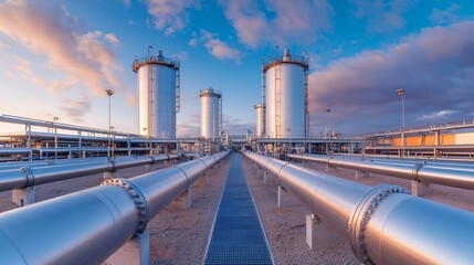 Wide panoramic shot of Carbon Capture Utilization Storage facility with massive CO2 absorption towers and stainless steel pipelines.