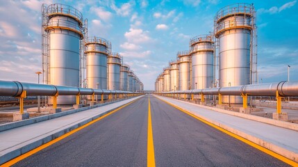 Obraz premium Wide panoramic shot of Carbon Capture Utilization Storage facility with massive CO2 absorption towers and stainless steel pipelines.