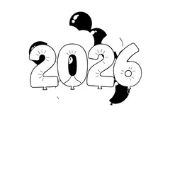 Whimsical Black and White Balloon Numbers Forming the Year 2026.