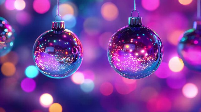 Purple Christmas ornaments dangle from branches, reflecting warm lights during the holiday season