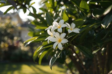 Fragrant blossoms appear on backyard Plumeria following rainfall
