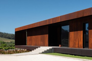 Fototapeta premium Modern wooden structure surrounded by nature on a clear sunny day in the countryside, highlighting contemporary architecture and eco-friendly design